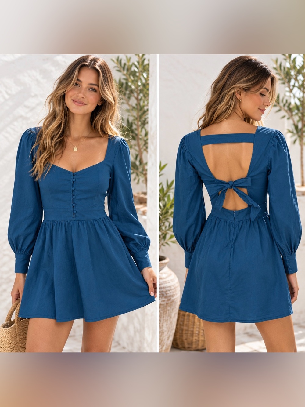 Shore Mini Dress M Teal Blue Open Back Bow Puff Sleeve Cotton